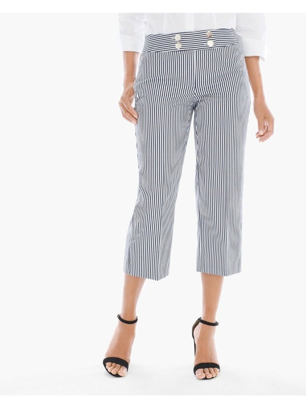 Chicos Pants Medium Sailor Stripe Hardware Crop Blue White Nautical Career Chic